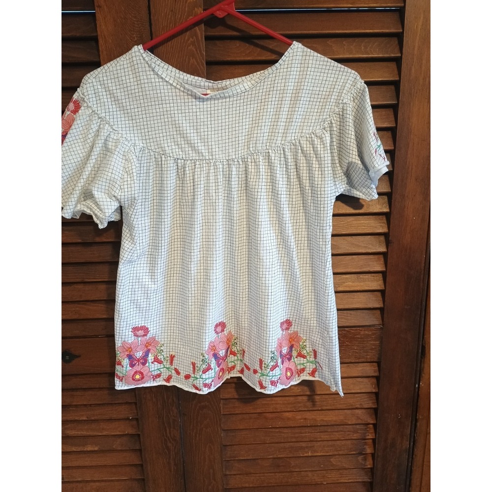 Zara Shirt Teen Girls 13-14 White Black Check Floral Cottagecore Pullover Ruffle